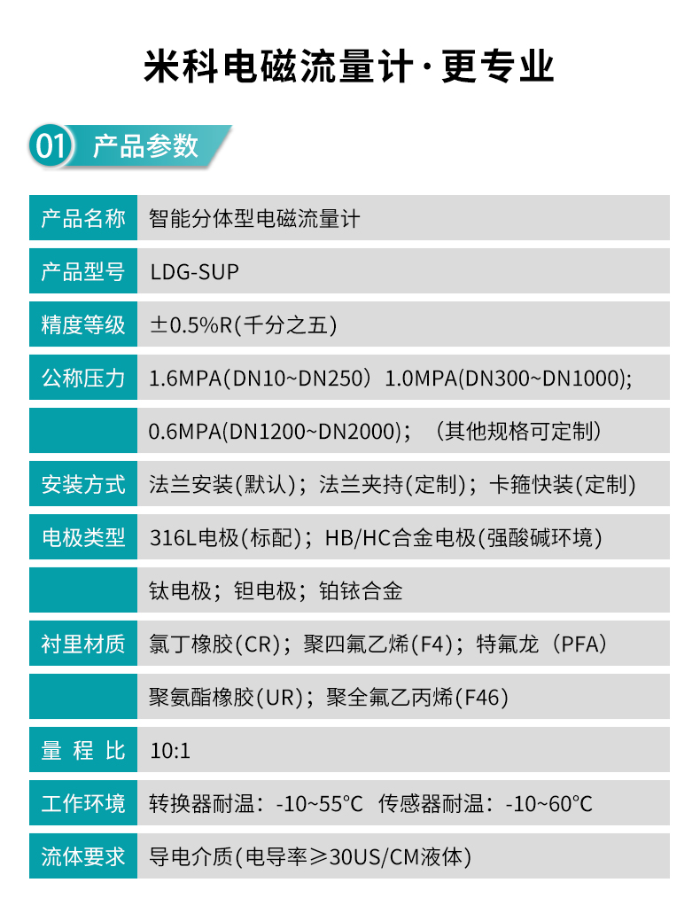 米科 LDG-MIK分體式電磁流量計產(chǎn)品參數(shù)