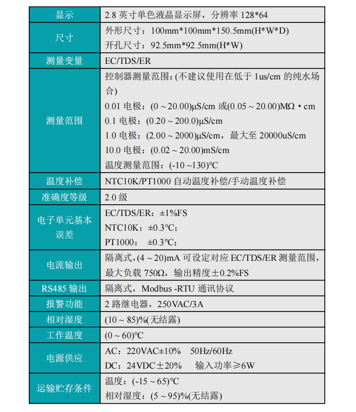 米科MIK-TDS210-B在線電導(dǎo)率測試儀產(chǎn)品參數(shù)
