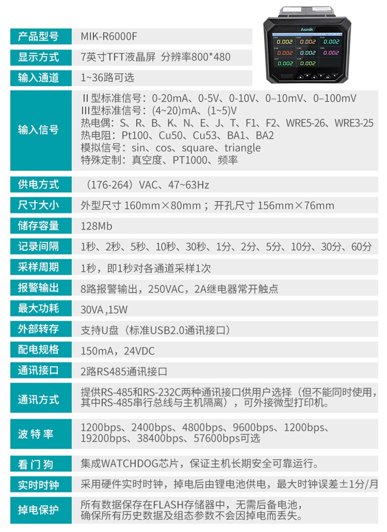 米科MIK-R6000F新款無紙記錄儀參數(shù)