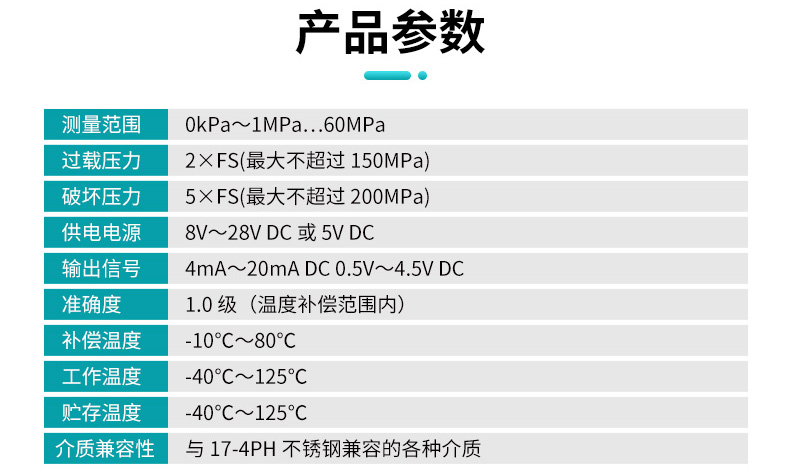 米科MIK-PF100玻璃微熔壓力變送器產(chǎn)品參數(shù)